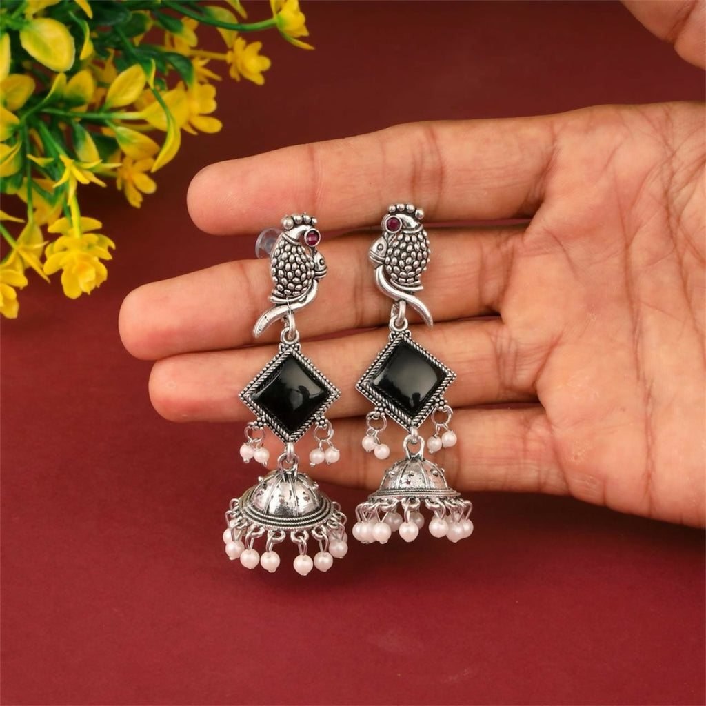 Oxidised Silver Parrot Design Jhumka Earrings with Black Stones