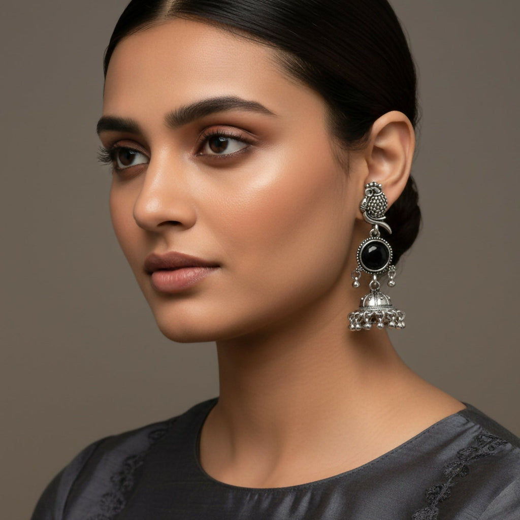 Owl Jhumka Earrings – Oxidized Silver with Black Stone Accent