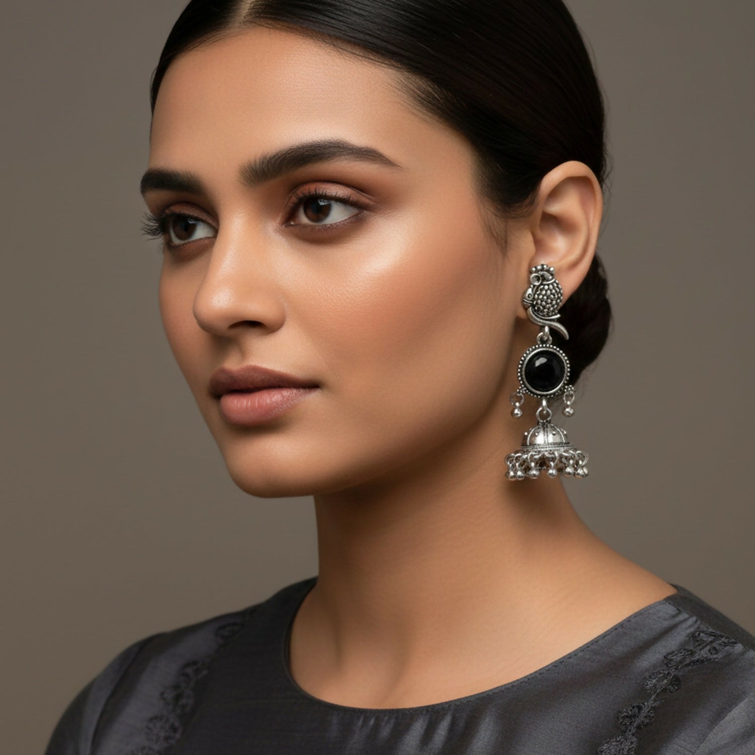 Owl Jhumka Earrings – Oxidized Silver with Black Stone Accent