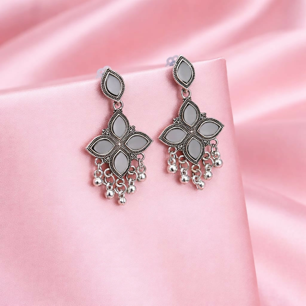 Oxidised Jhumka Earrings – Silver Mirror & White Stones