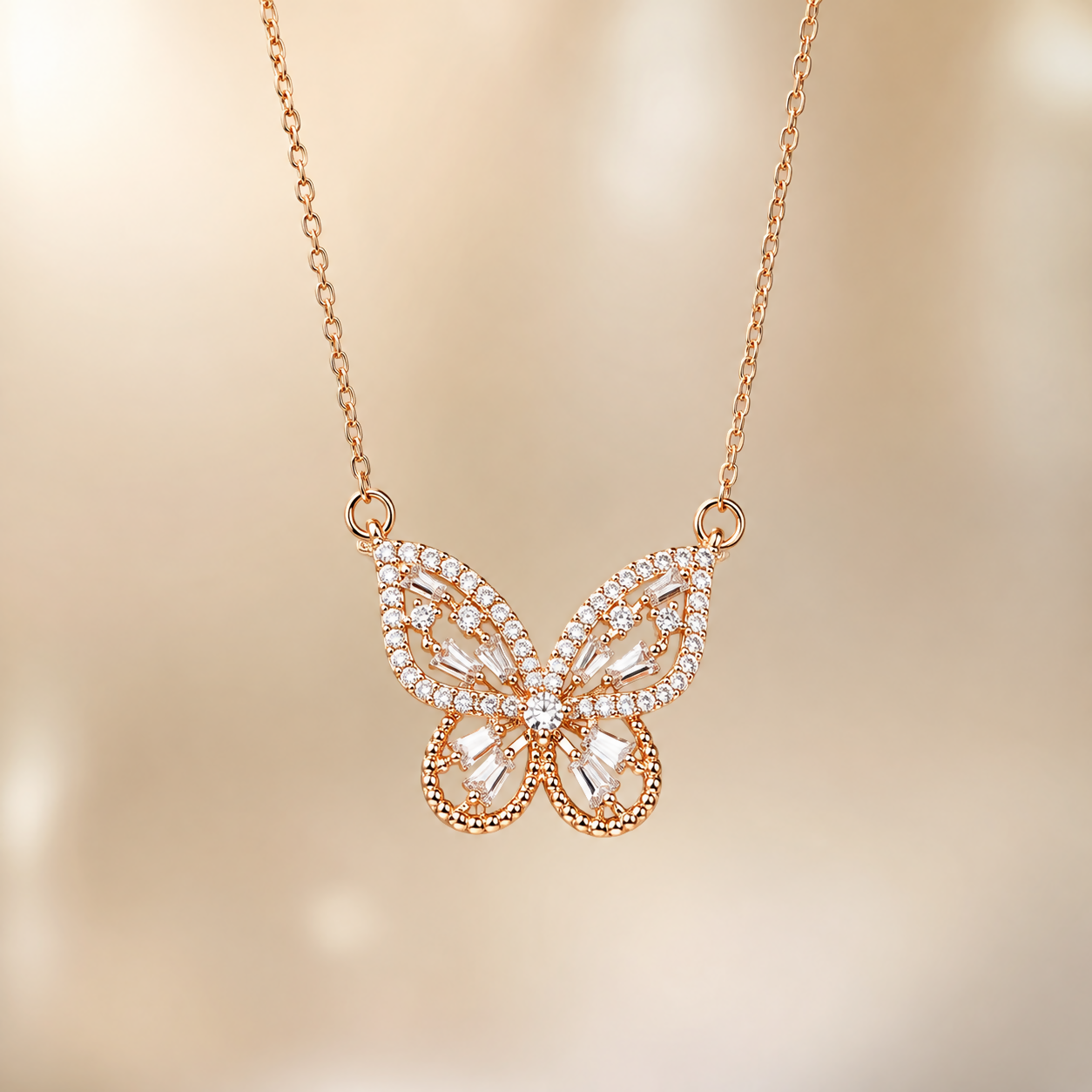 Rose Gold Polish Imitation Butterfly CZ Pendant Necklace for Women