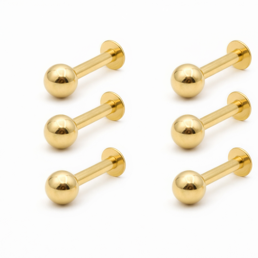 Gold Ball Stud Earrings – Comfortable Flat-Back Labret Set