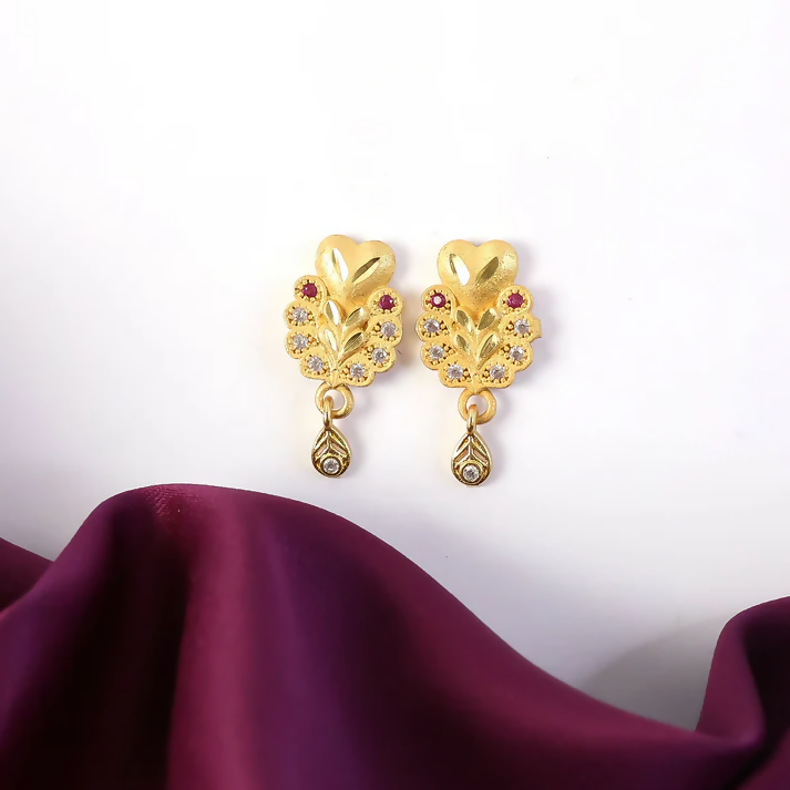 Gold Stud Earrings with Floral Design and Teardrop Dangle