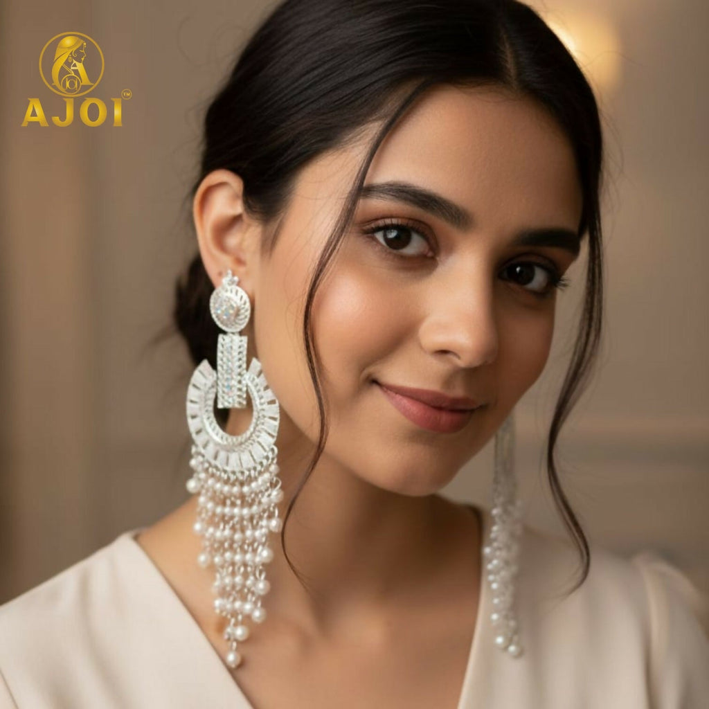 Pearl Tassel Earrings – Elegant Silver-Tone Statement Jewelry