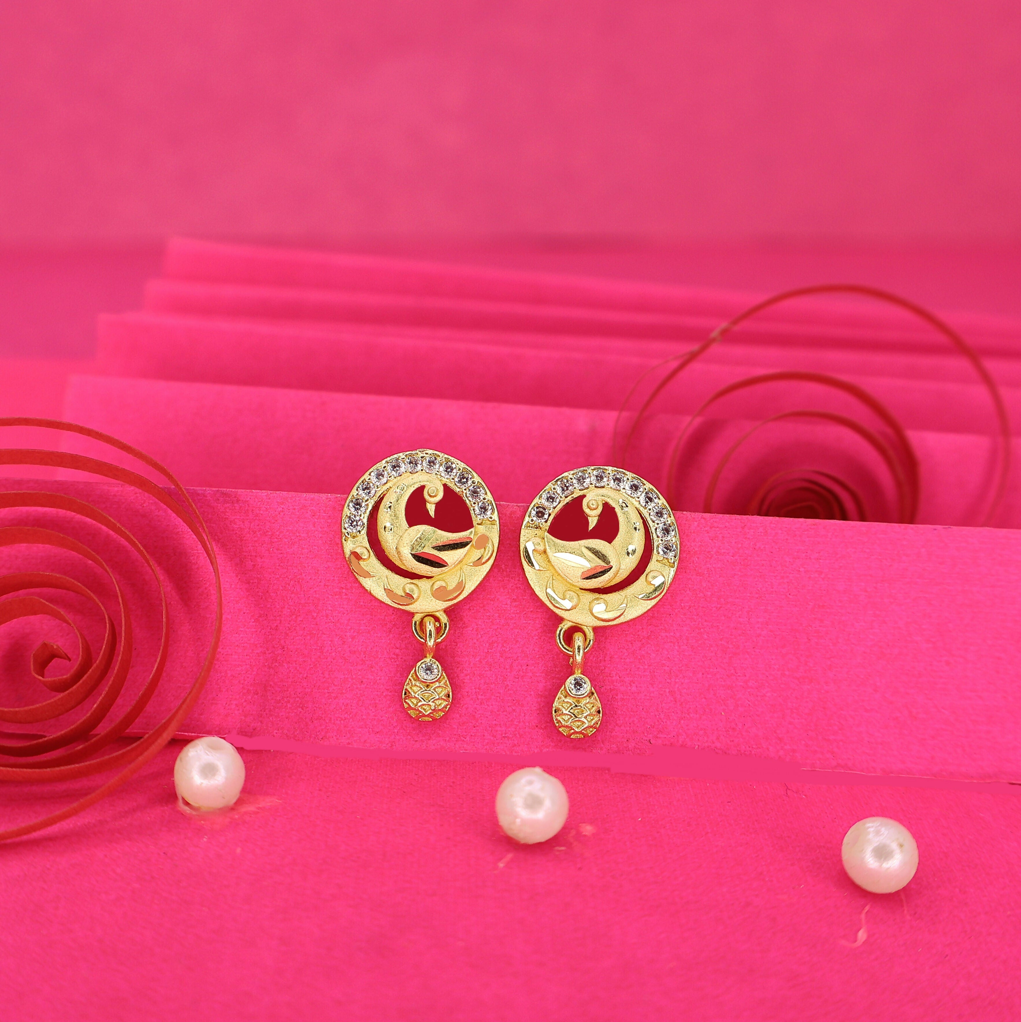 Peacock Gold Stud Earrings – Elegant 22K Gold with AD Sparkle