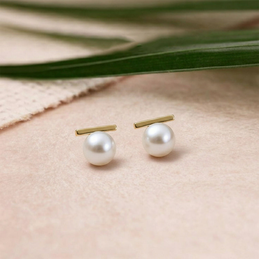 Pearl Bar Stud Earrings – Minimal Gold Plated Elegance