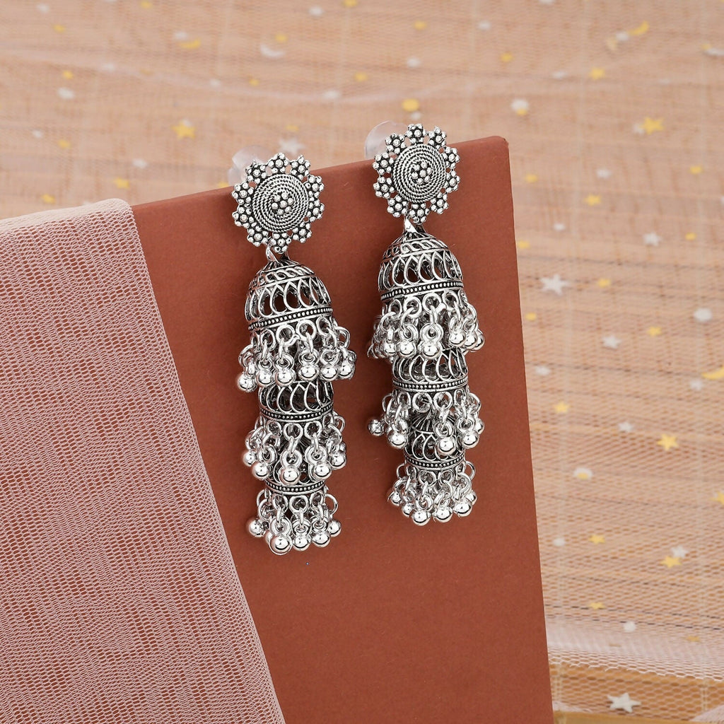 Oxidised Silver Long Layered Jhumka Earrings – Classic Ethnic Elegance