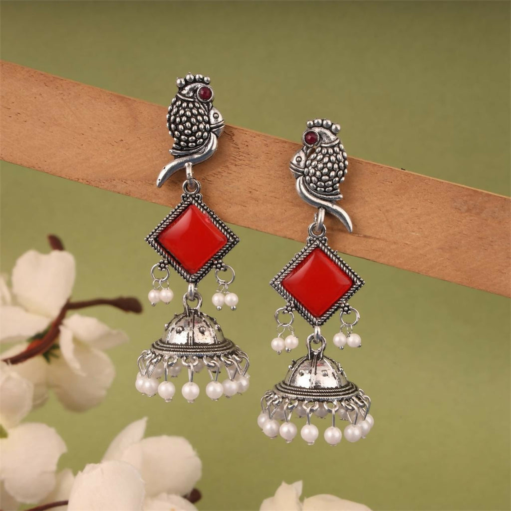 Oxidised Silver Red Stone Jhumka Earrings – Parrot Design Beauty