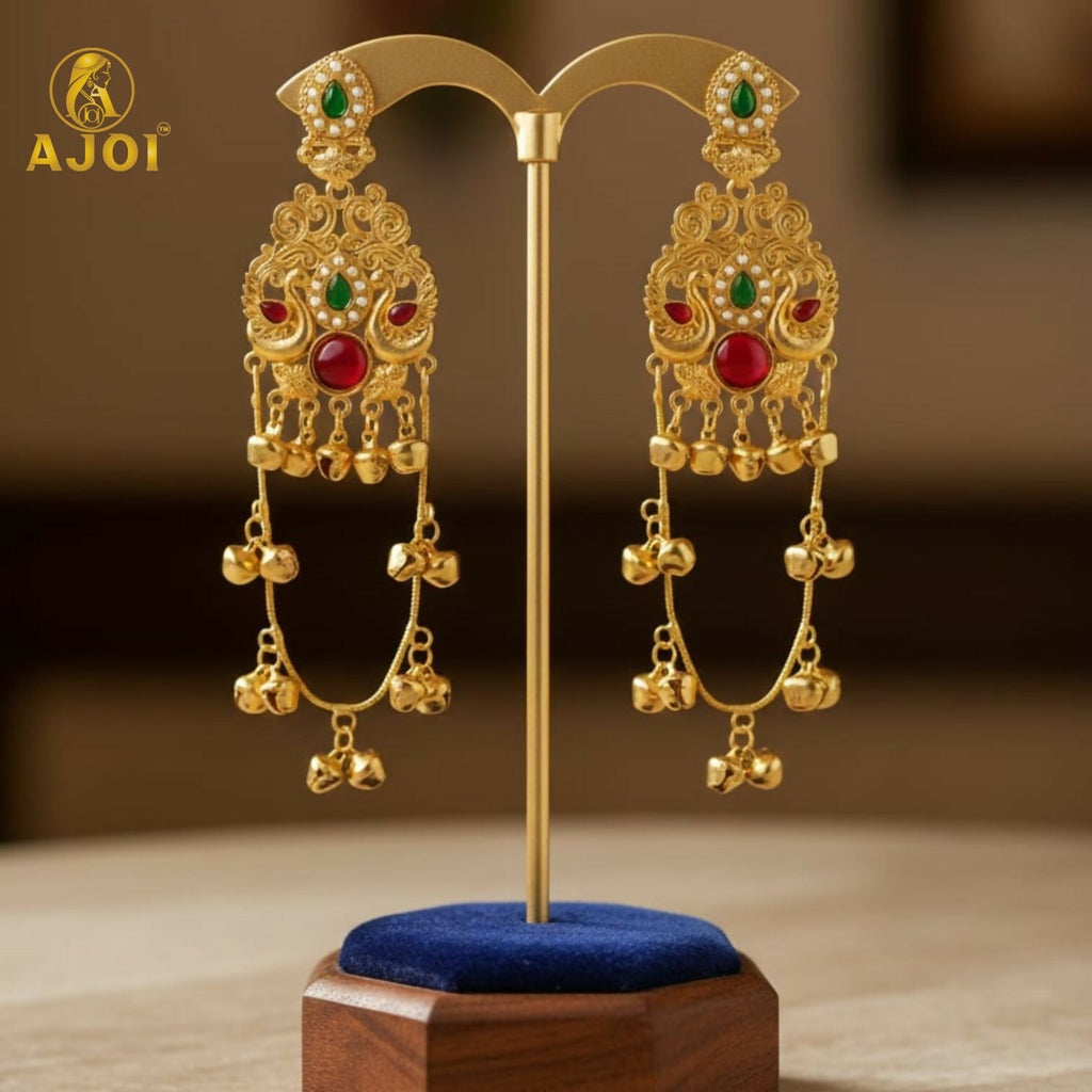 Kashmiri Traditional Gold-Plated Ghungroo Earrings with Green Ruby Stones