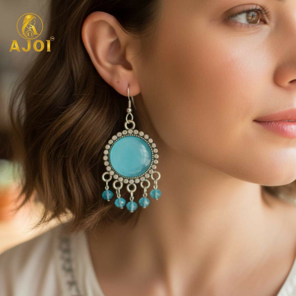 Oxidized Silver Stone Drop Earrings – Multicolor Beaded Fringe