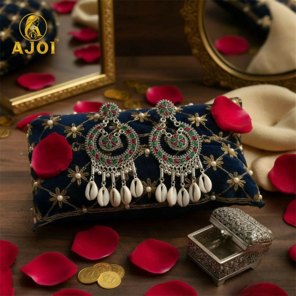 Antique Silver Chandbali Earrings – Floral Meenakari & Cowrie Shells