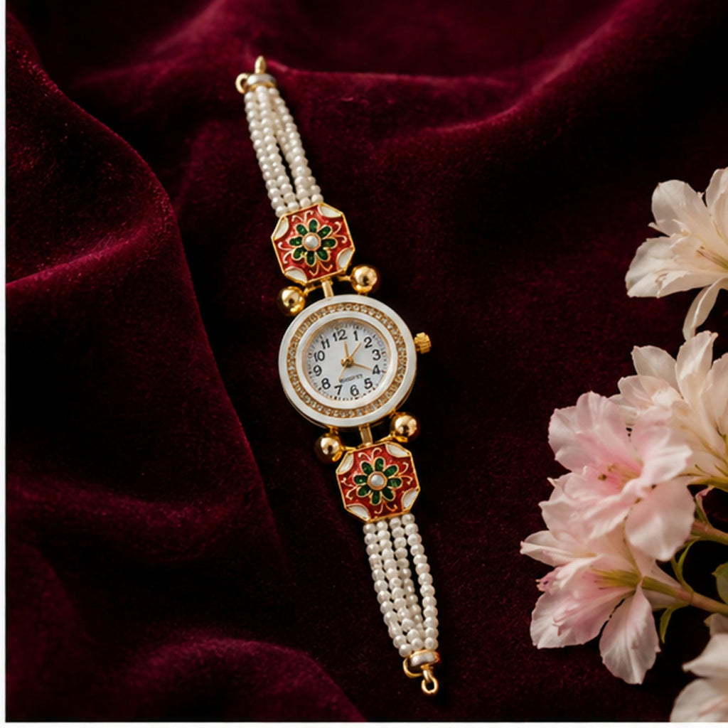 Traditional Gold Tone Bracelet Watch for Women with Beaded Strap Stylish Jewellery