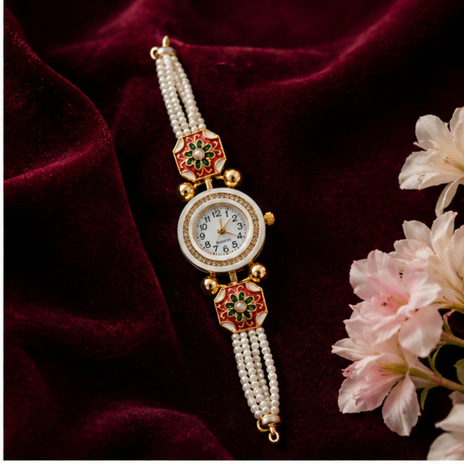 Traditional Gold Tone Bracelet Watch for Women with Beaded Strap Stylish Jewellery