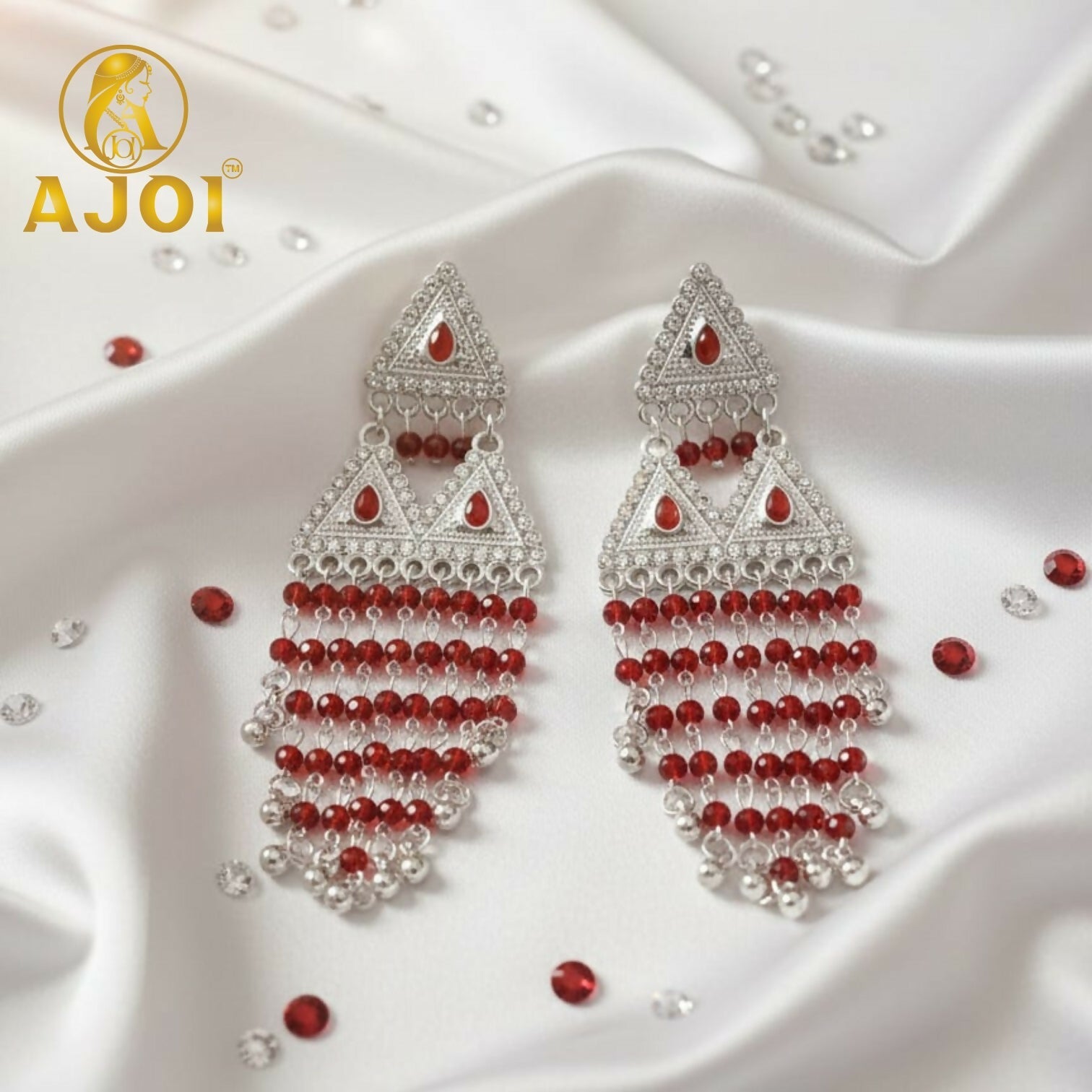 Ruby Red Designer Earrings – Layered Drop with Stone Detailing