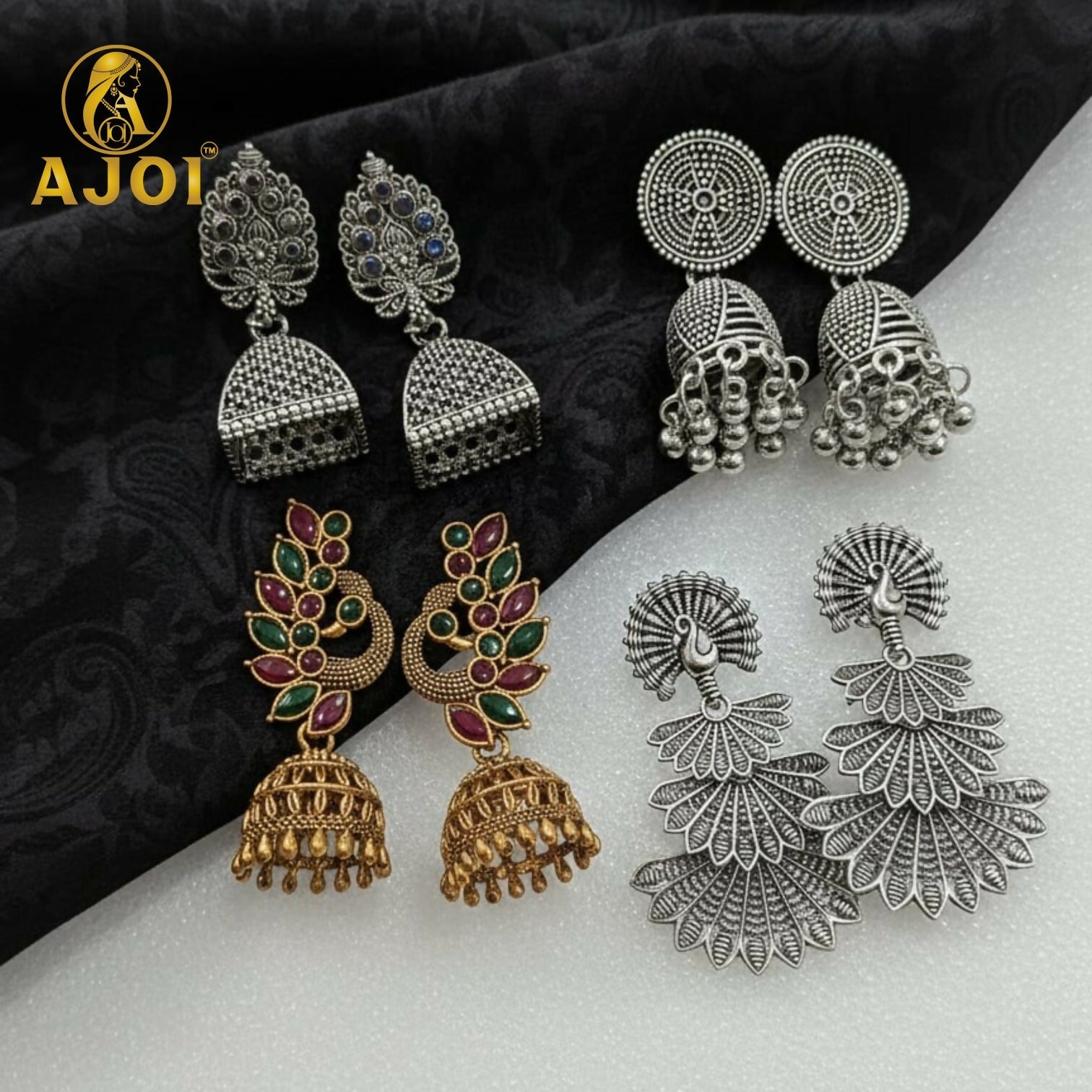 Peacock Temple Earrings Combo – Elegant Oxidized Silver & Antique Gold