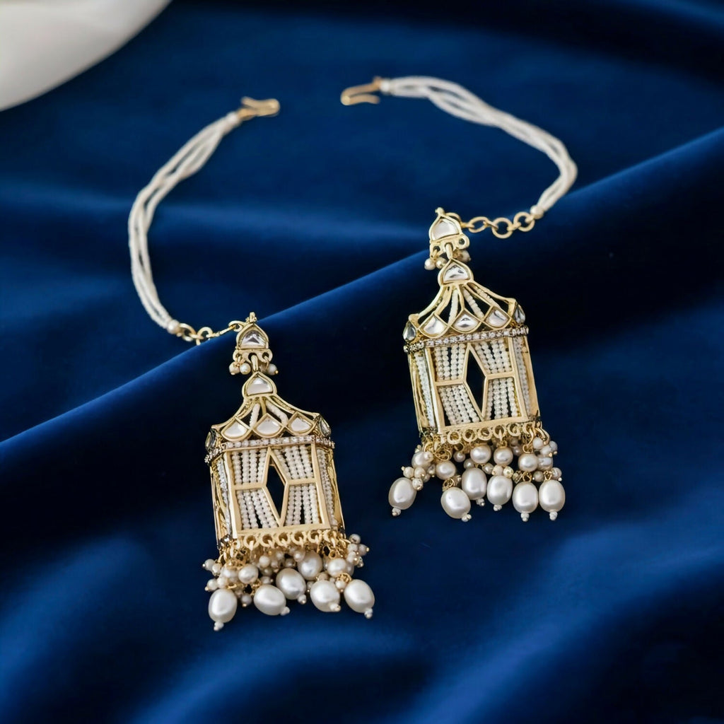Kundan Pearl Earrings – Birdcage Statement with Ear Chains