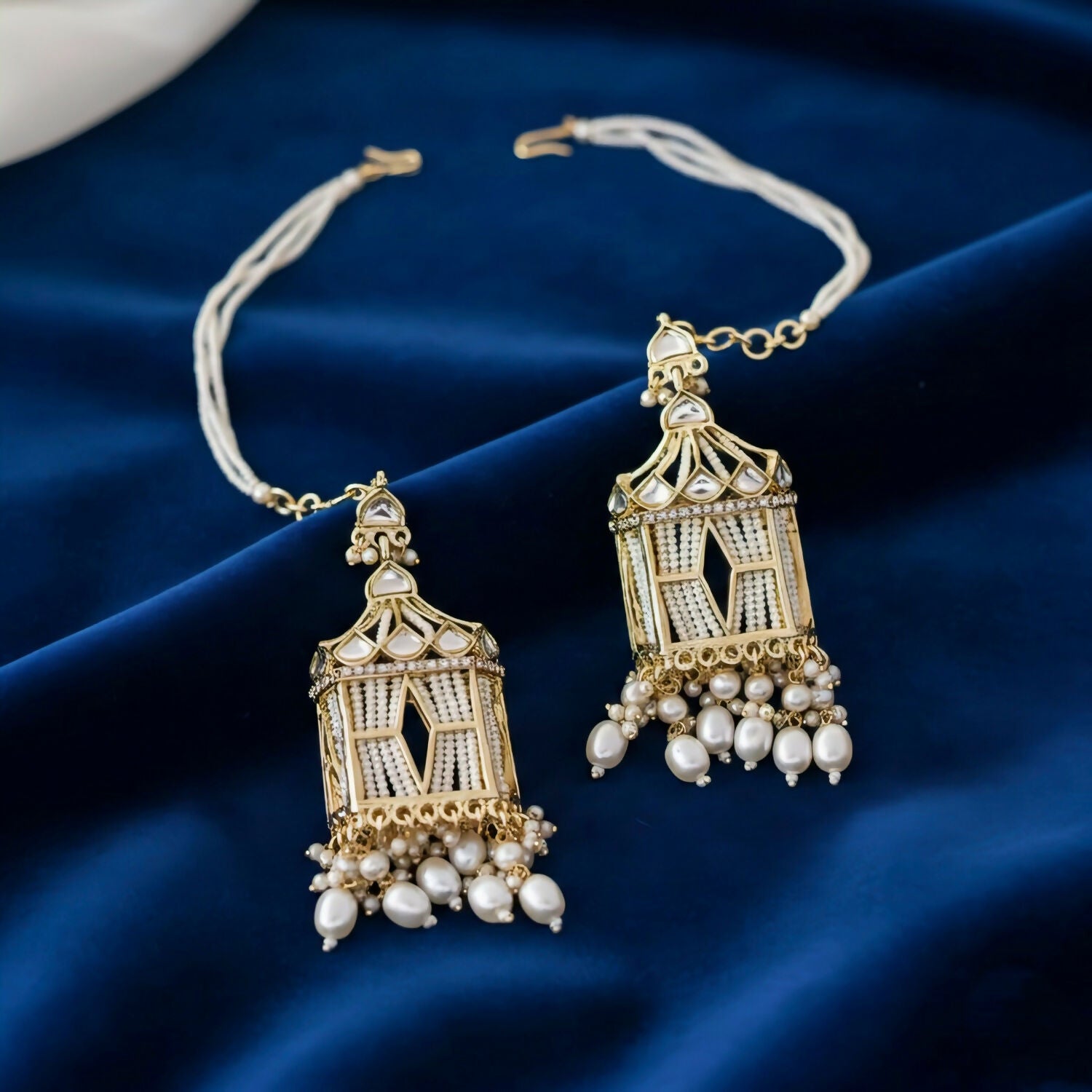 Kundan Pearl Earrings – Birdcage Statement with Ear Chains