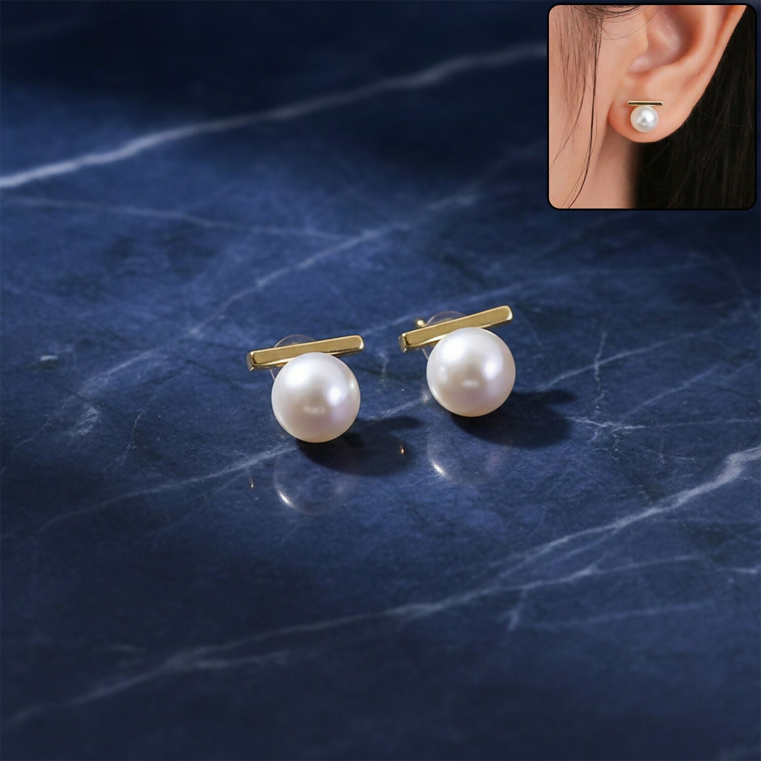 Pearl Bar Stud Earrings – Minimal Gold Plated Elegance