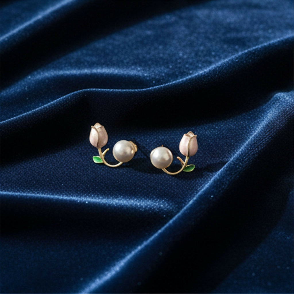 Korean Style Earrings – Dainty Enamel Tulip & Round Pearl
