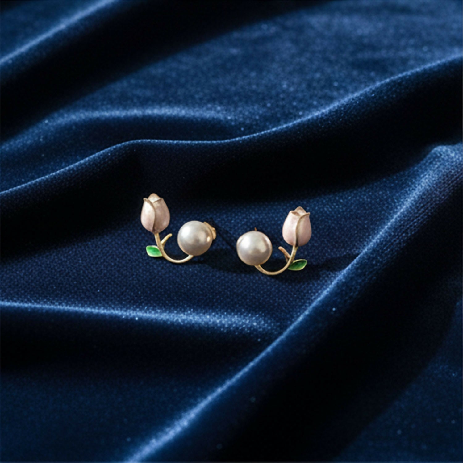 Korean Style Earrings – Dainty Enamel Tulip & Round Pearl