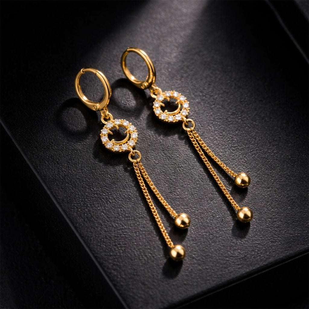 Gold-Tone Smiley Crystal Tassel Drop Earrings – Elegant Dangle Style