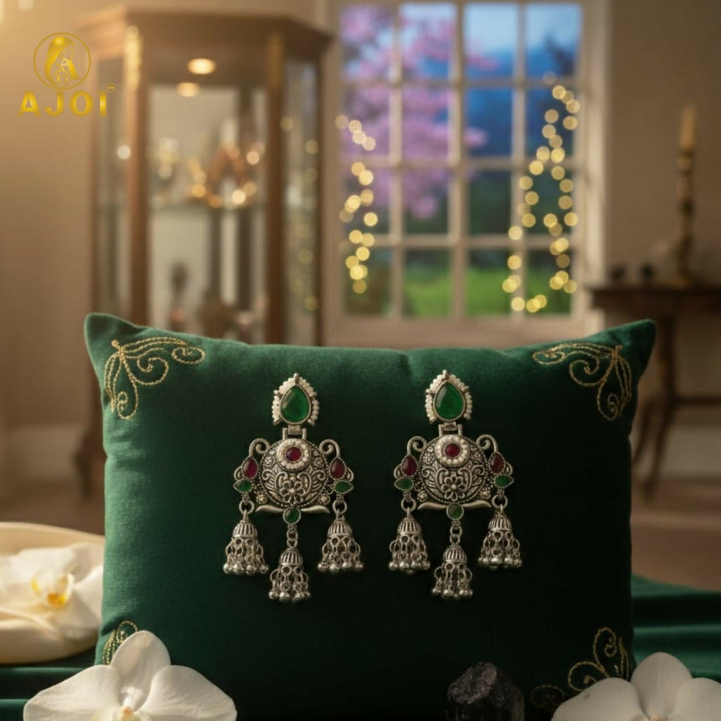 Oxidised Chandbali Jhumka Earrings – Elegant Green & Red Stones