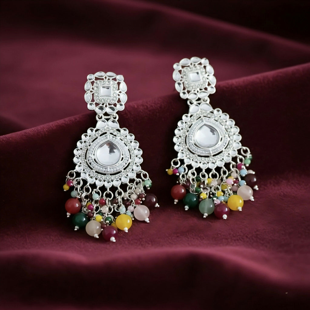 Oxidized Silver Chandbali Earrings – Multicolor Bead Drops