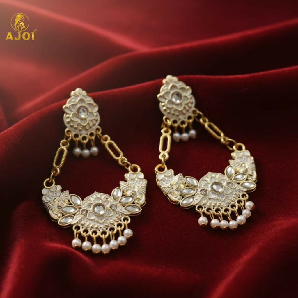 Chandbali Earrings – Antique Gold with White Stones & Pearls