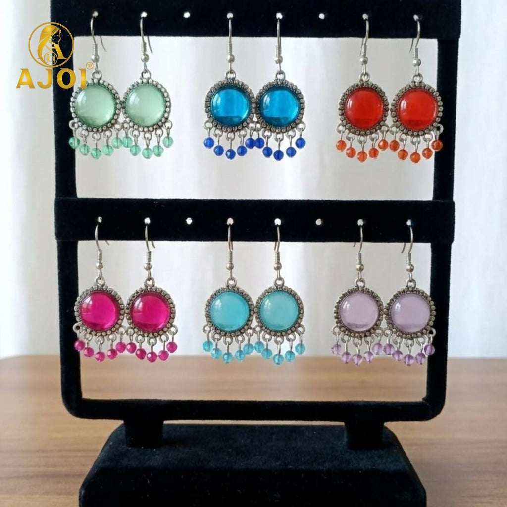 Oxidized Silver Stone Drop Earrings – Multicolor Beaded Fringe