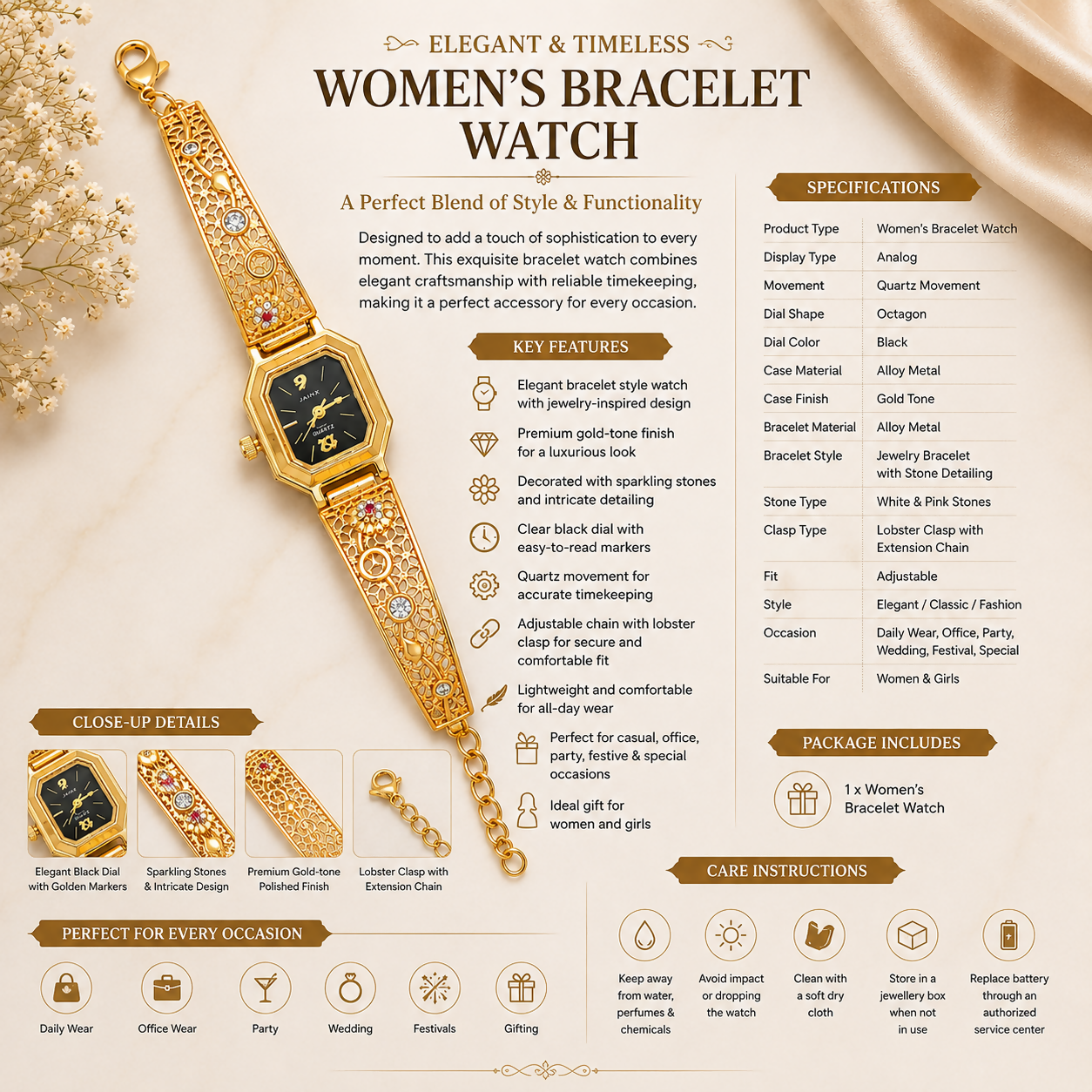 Vintage Gold-Tone Filigree Bracelet Watch for Women – Crystal Accent Black Dial Elegant Jewelry Wristwatch