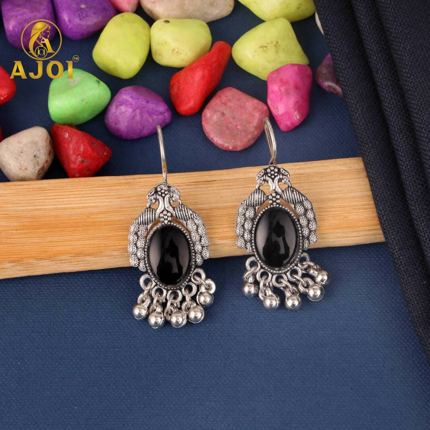 Oxidised Silver Afghani Earrings Set – 4 Pairs with Colored Stones