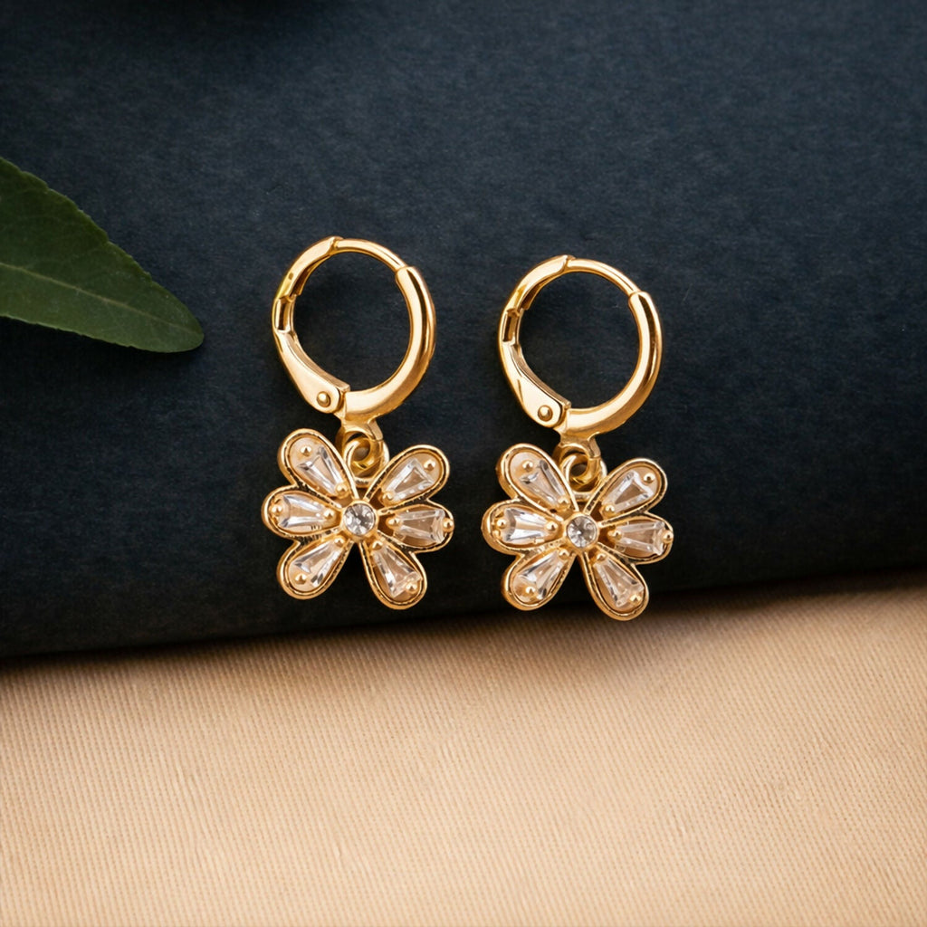 Gold-Tone Floral Hoop Earrings – Elegant Crystal Drop Design