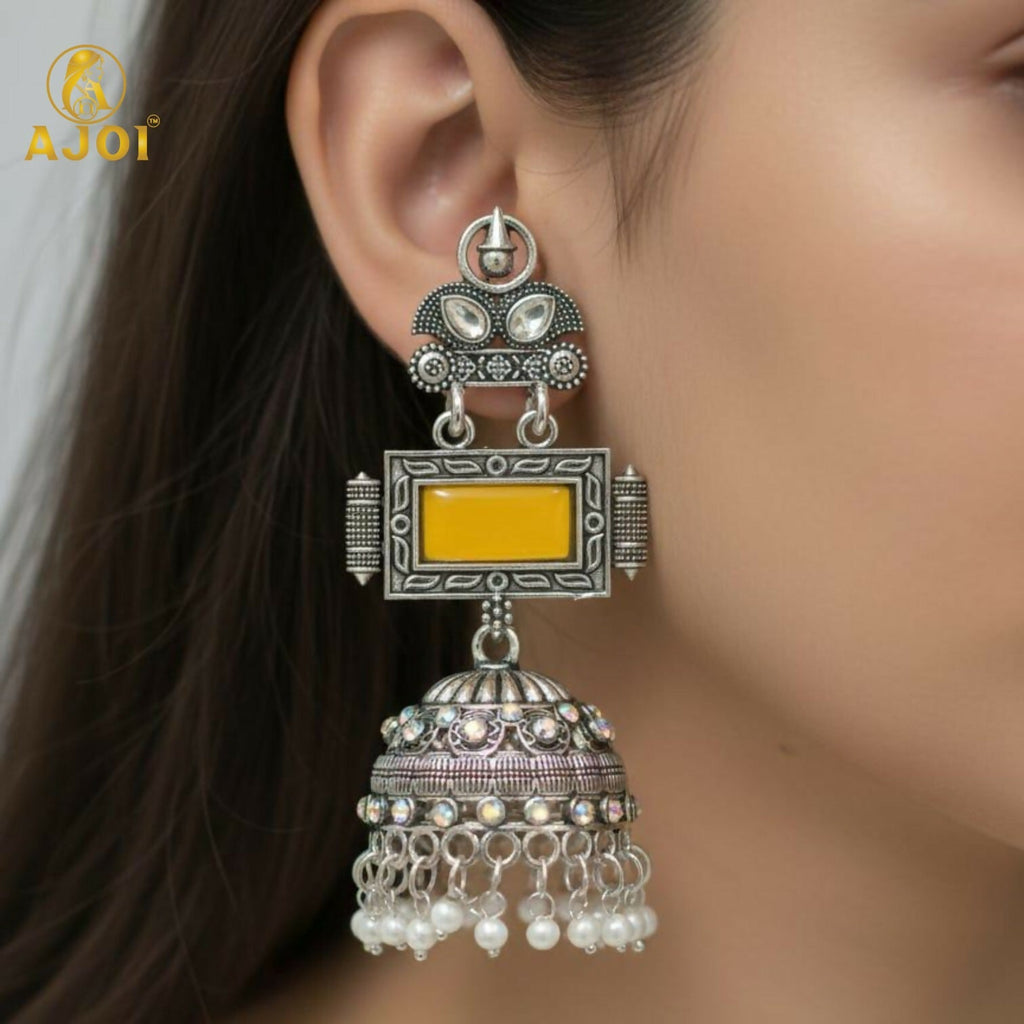 Oxidized Silver Jhumka Earrings – Traditional Yellow Stone & Pearls