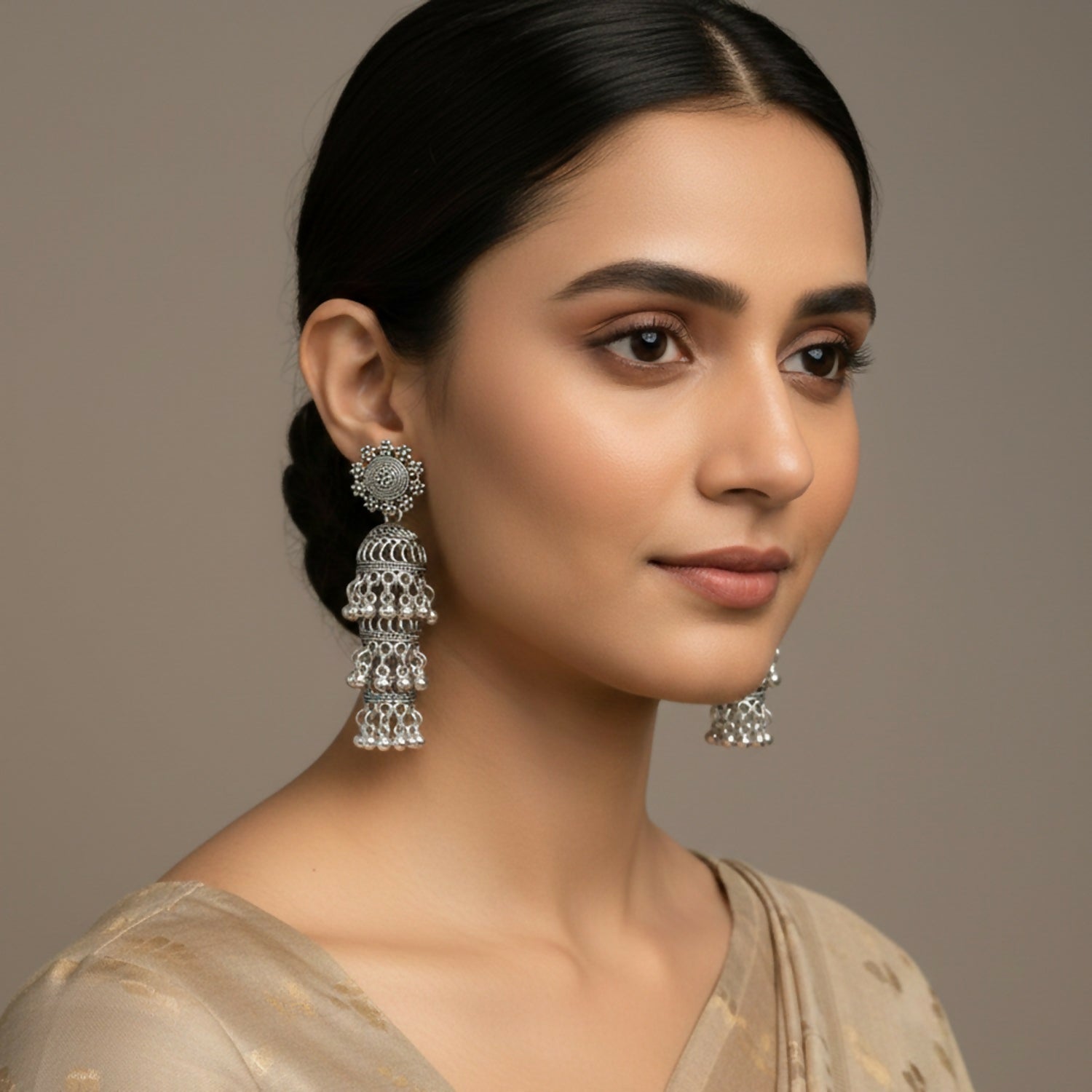 Oxidised Silver Long Layered Jhumka Earrings – Classic Ethnic Elegance