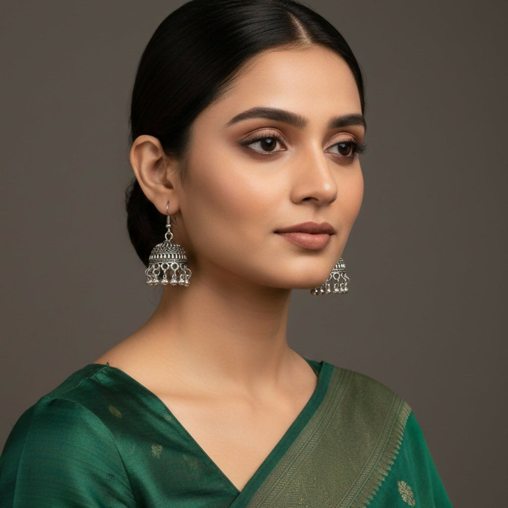 Oxidised Silver Hook Jhumka Earrings – Lightweight Traditional Charm
