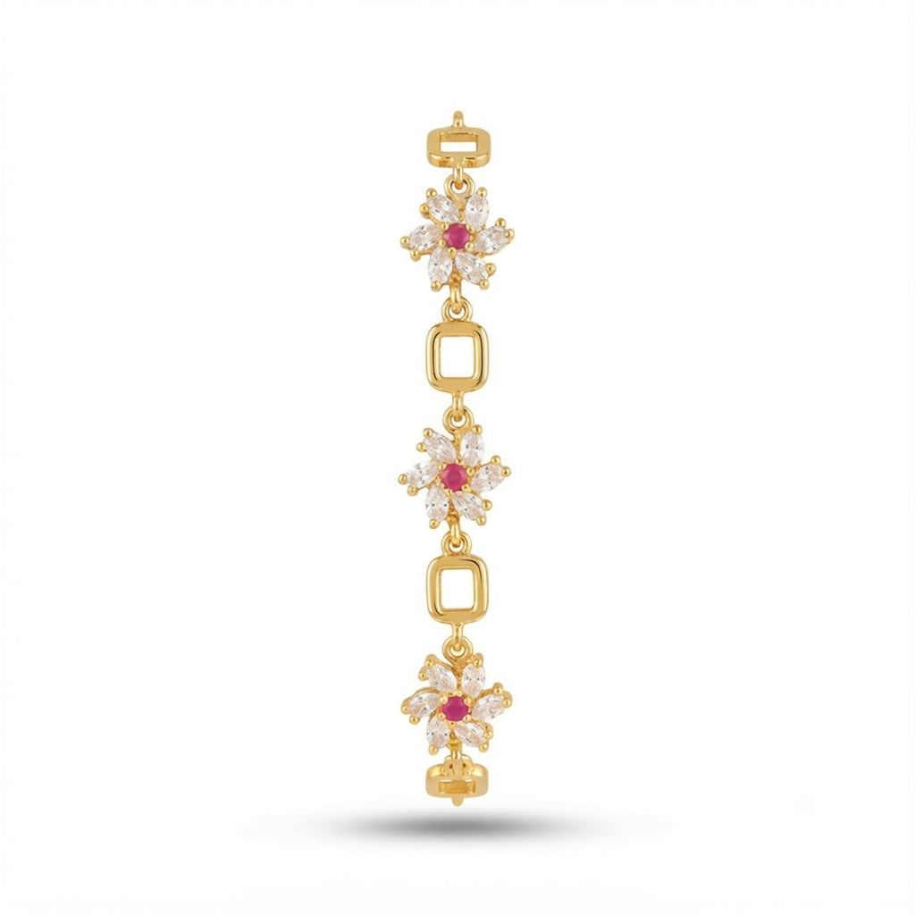 Gold-Tone Flower Link Bracelet with Pink Stones, Crystal Petals and Square Accents