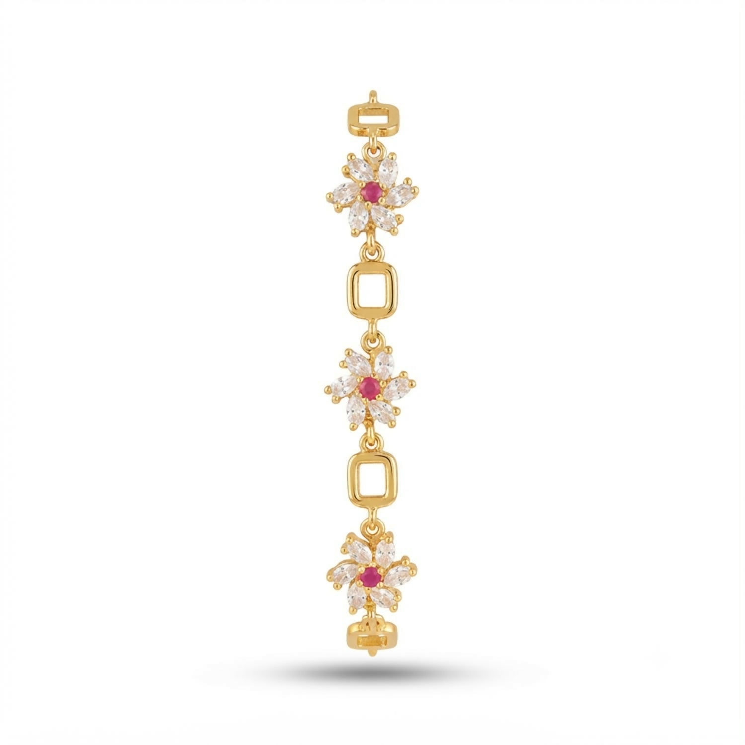 Gold-Tone Flower Link Bracelet with Pink Stones, Crystal Petals and Square Accents