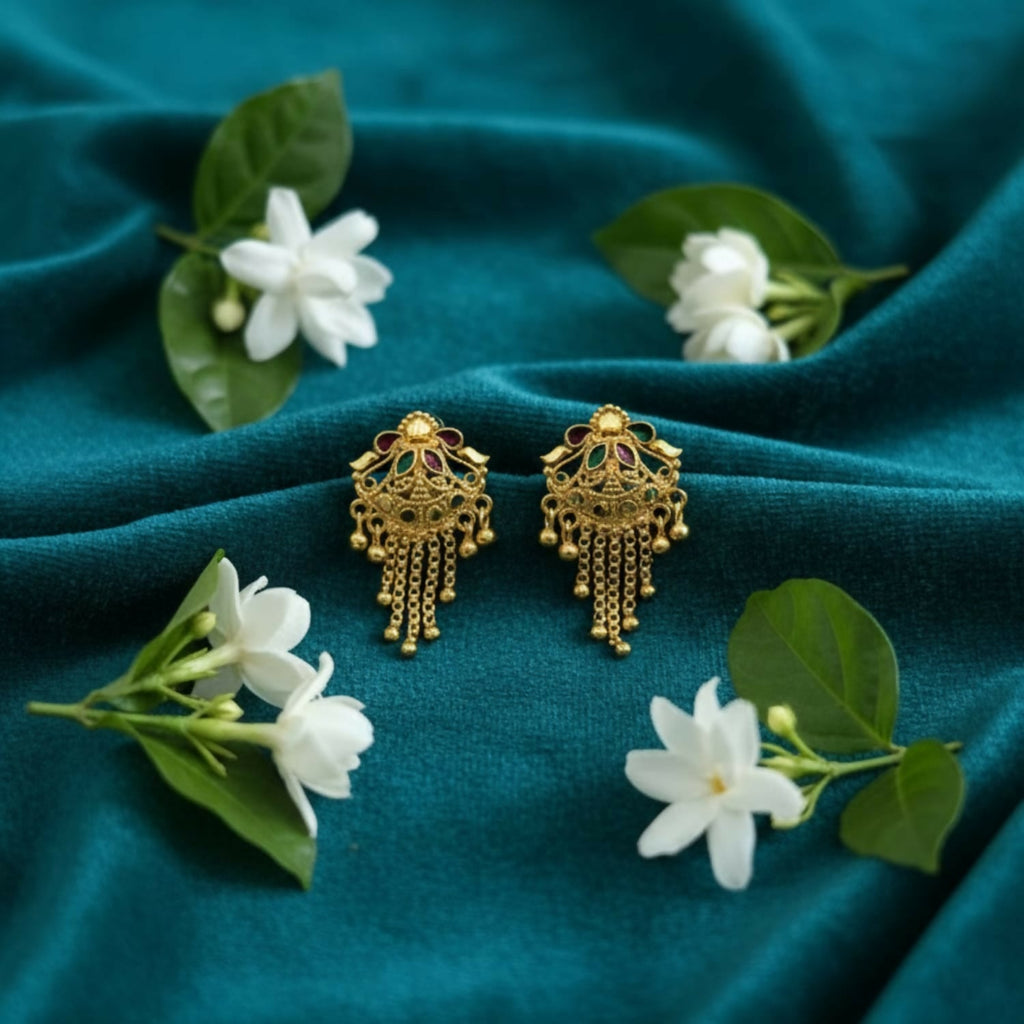 Gold-Plated Jhumka Earrings – Elegant Filigree & Enamel Design