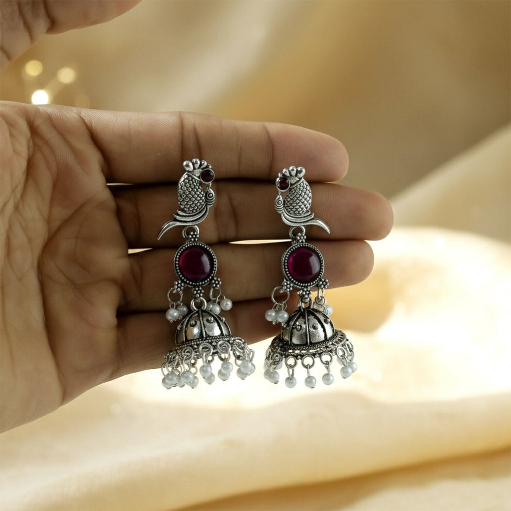 Oxidised Silver Peacock Jhumka Earrings with Pink Stone and Pearl Drops for Women