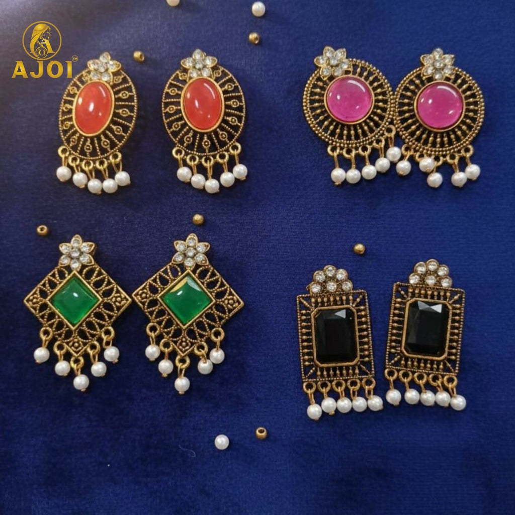 Antique Stone & Pearl Drop Earrings Combo – 4 Designer Pairs