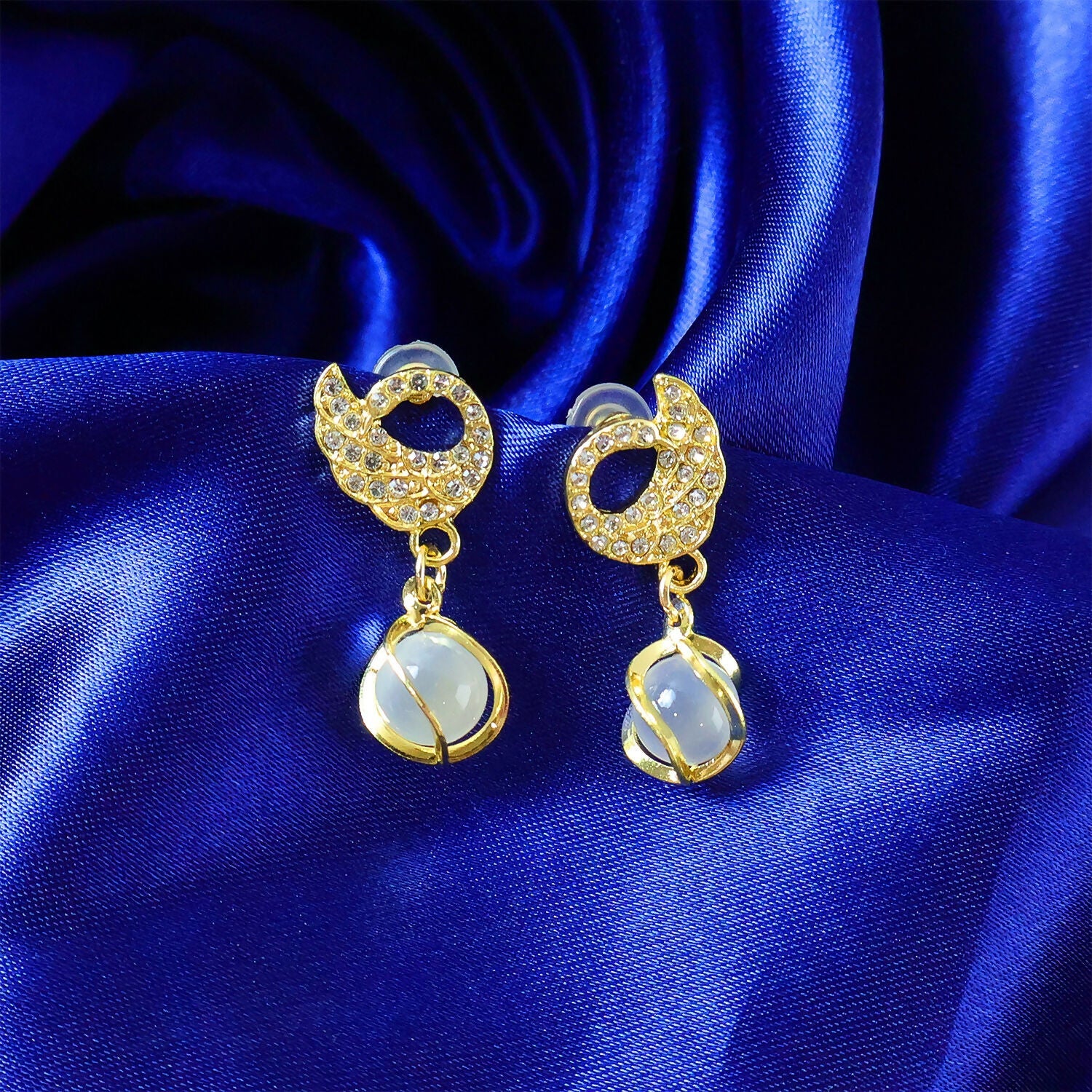 Swan Earrings – Crystal Encrusted with Pearly Cat-Eye Drop