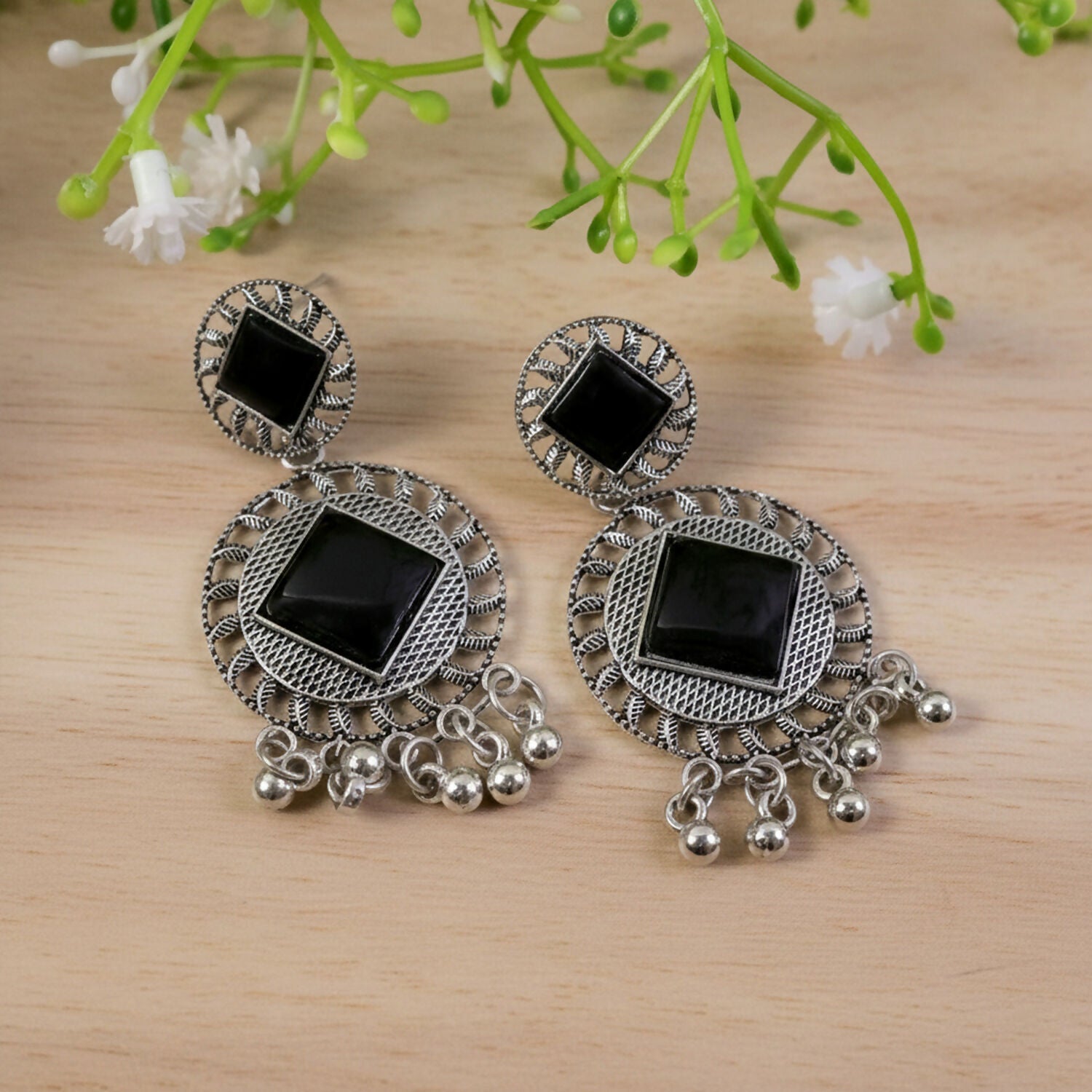 Oxidized Silver Earrings – Vintage Charm Black Stone Design