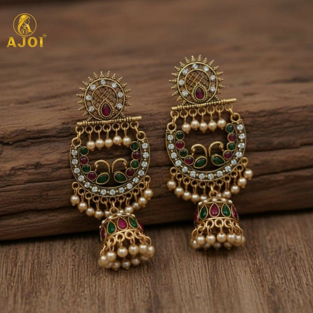 Peacock Motif Antique Gold Finish Chandbali Earrings – Royal Elegance