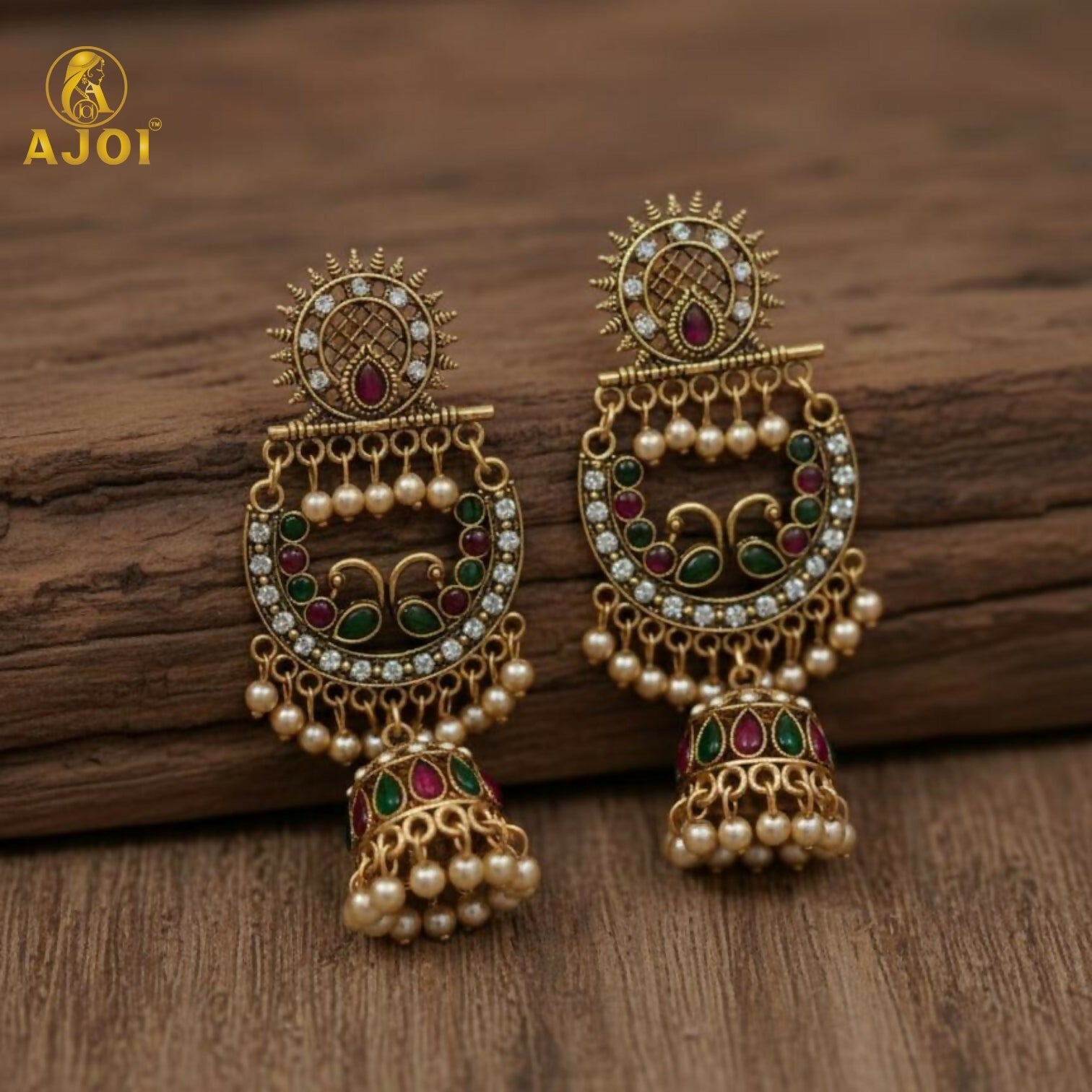Peacock Motif Antique Gold Finish Chandbali Earrings – Royal Elegance