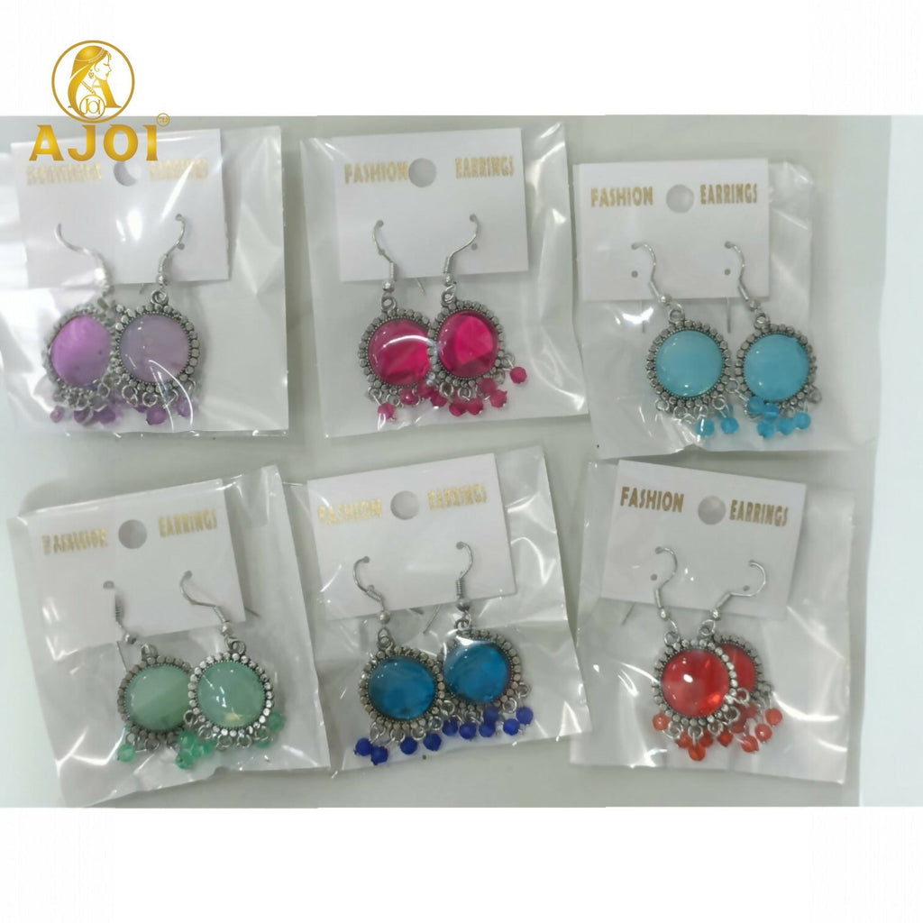 Oxidized Silver Stone Drop Earrings – Multicolor Beaded Fringe