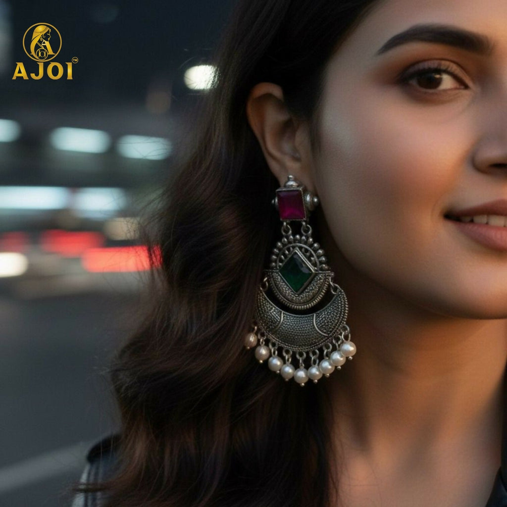 Chandbali Earrings – Antique Silver Finish with Ruby & Green Stones