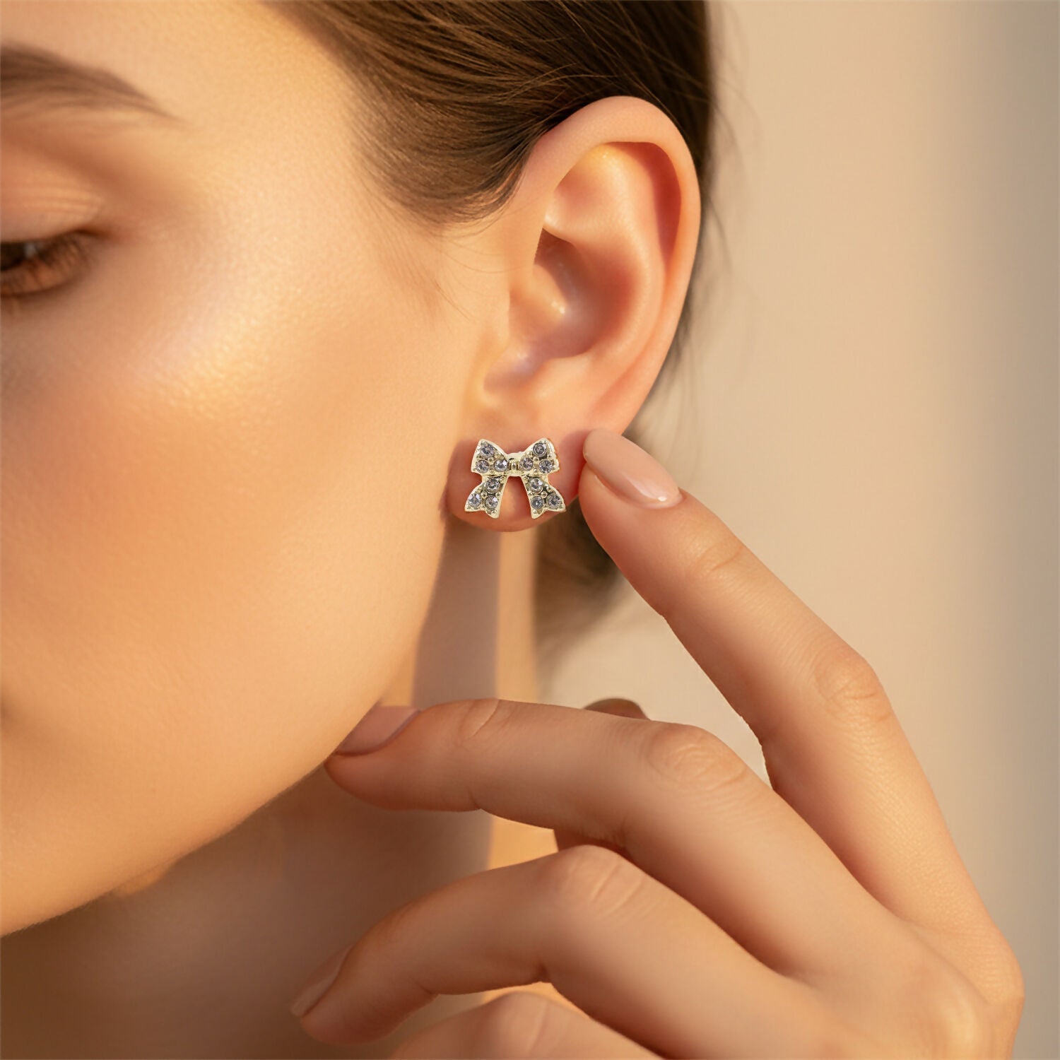 Crystal Bow Stud Earrings – Elegant Gold Plated Rhinestone Design