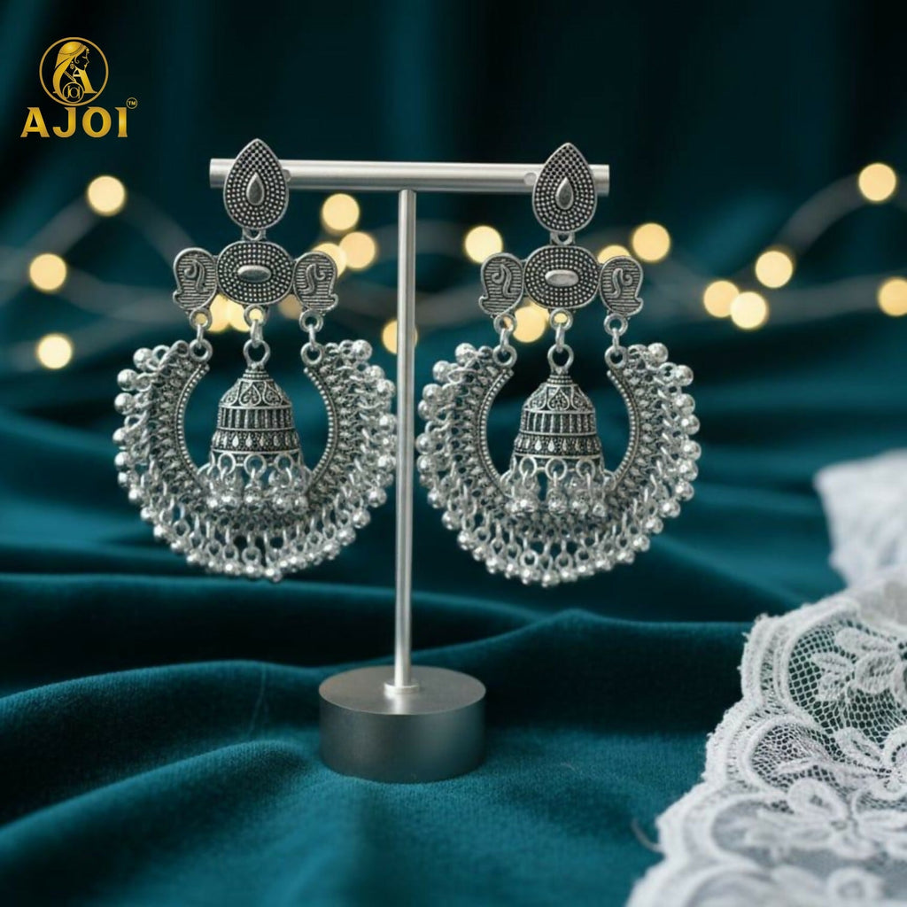 Oxidized Silver Chandbali Jhumka Earrings – Bold Ethnic Statement