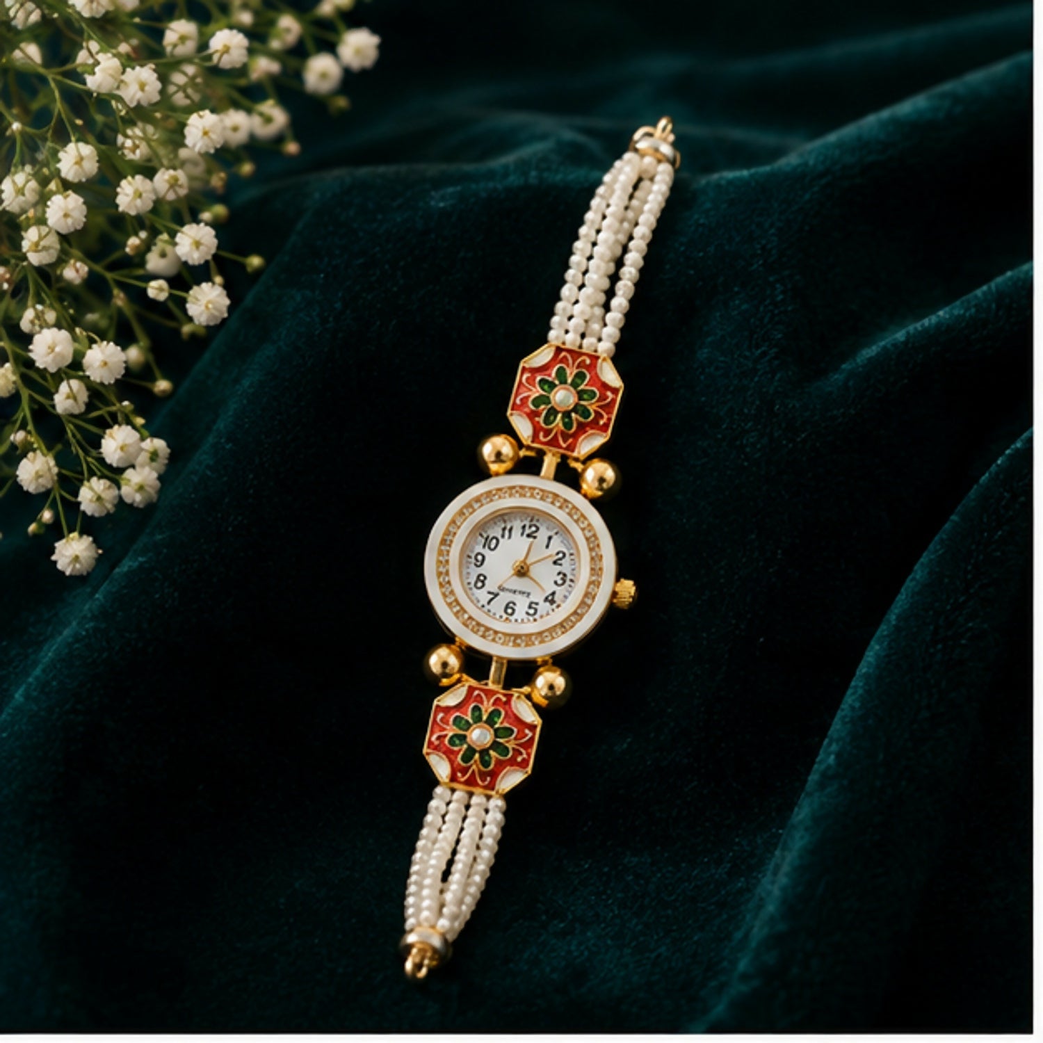 Traditional Gold Tone Bracelet Watch for Women with Beaded Strap Stylish Jewellery