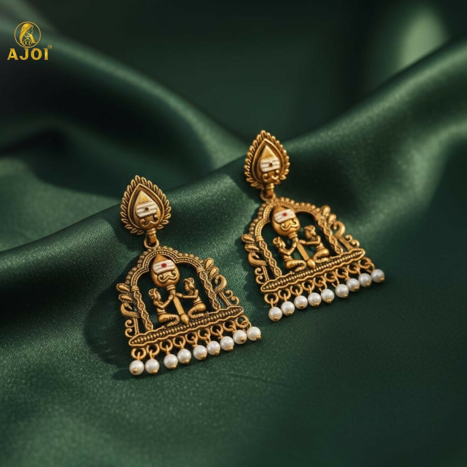 Gold-Tone Temple Jhumka Earrings with Pearl Danglers – Elegant Ethnic Design